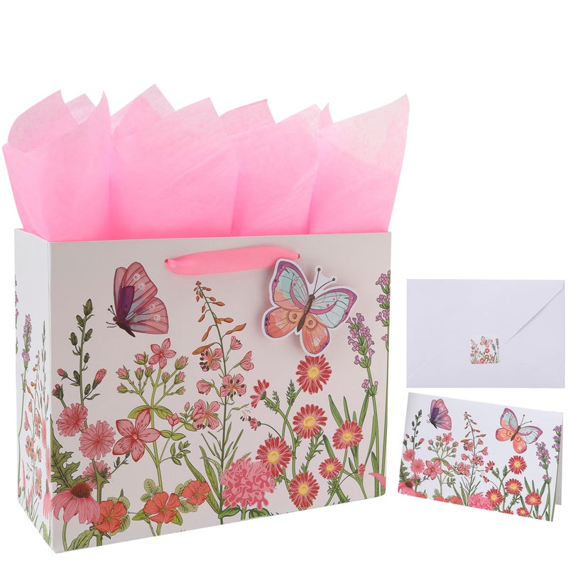 Qirrmiy 13"" Large Pink Gift Bag Set with Greeting Card and Tissue Papers (3D Butterfly and Flowers) for Women's Birthday Party  Girls' or Kids'  Mothers' Day  Wedding  Valentine's Day - Image 1
